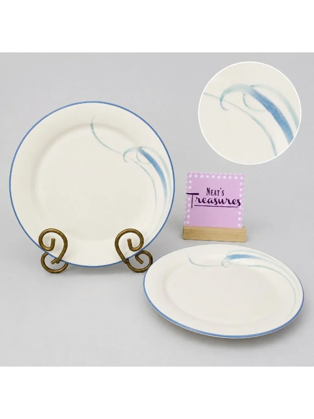80's Lenox SKY BLUE BRUSHSTROKES Chinastone Green Blue Swirl Salad Plates Set 2